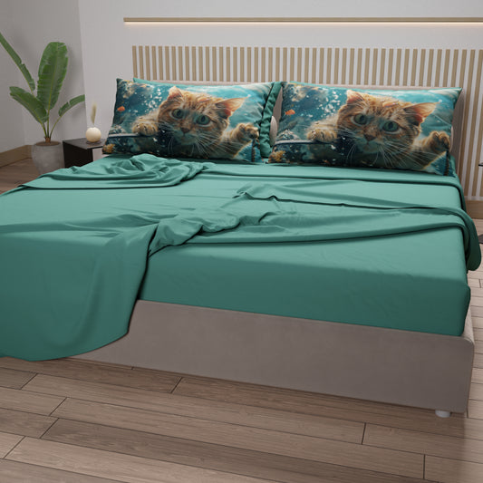 Draps Animaux en Coton, Parure de Lit avec Taies d'Oreiller en Impression Digitale Chats 03