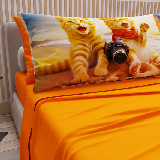 Draps Animaux en Coton, Parure de Lit avec Taies d'Oreiller en Impression Digitale Chats 01