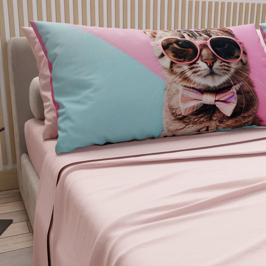 Draps Animaux en Coton, Parure de Lit avec Taies d'Oreiller en Impression Numérique Chats 08