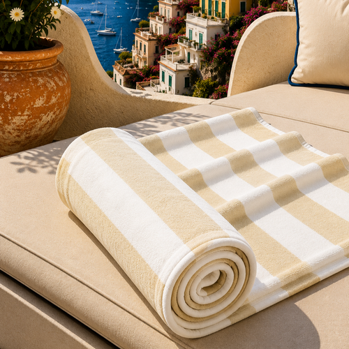 Telo Mare Microfibra, Asciugamano Mare, Telo per Lettino Righe Bianco/Beige