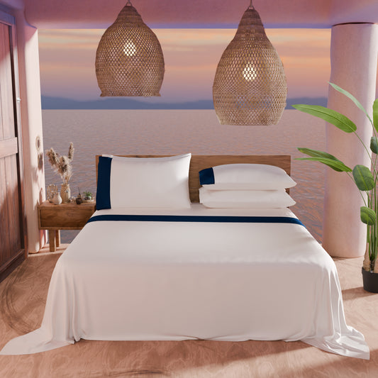 Draps unis en satin de coton avec queue de rat bleu
