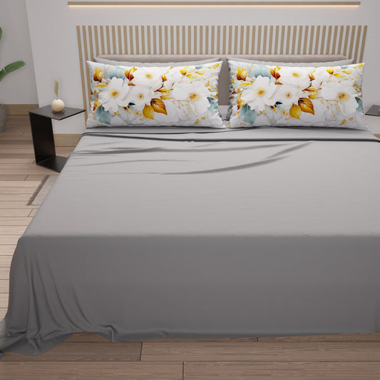 Lenzuola in Cotone, Completo Letto con Federe in Stampa Digitale Flower Ceramic 01 Grigio Chiaro