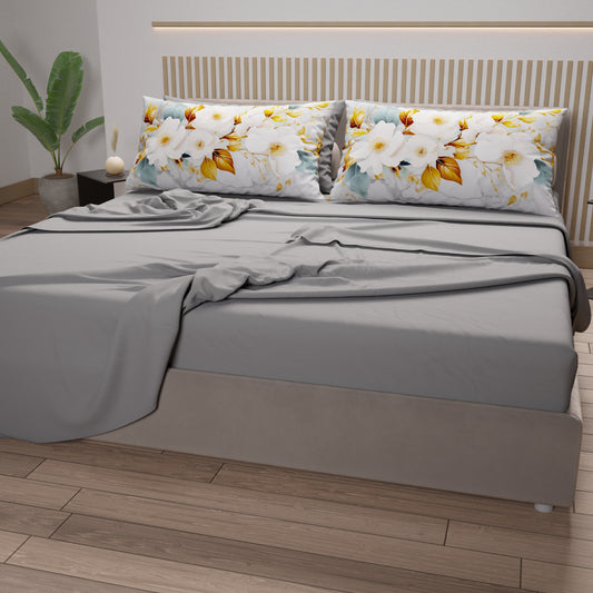 Lenzuola in Cotone, Completo Letto con Federe in Stampa Digitale Flower Ceramic 01 Grigio Chiaro
