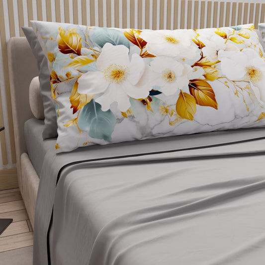 Lenzuola in Cotone, Completo Letto con Federe in Stampa Digitale Flower Ceramic 01 Grigio Chiaro