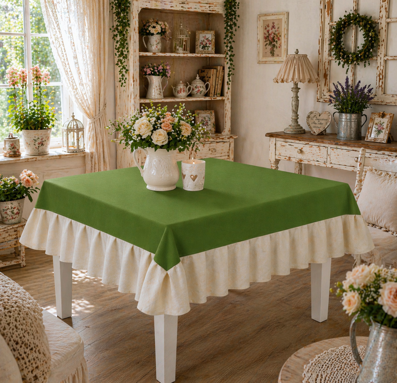 Tovaglia da Tavola Waterproof con Volant Verde / Panna