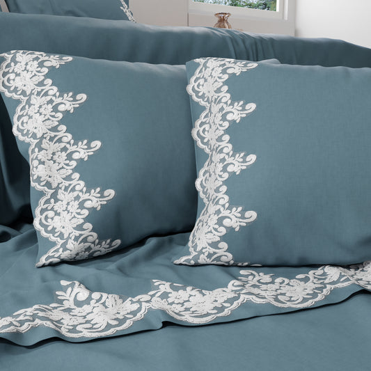 Draps percale avec dentelle, draps double en coton couleur avion