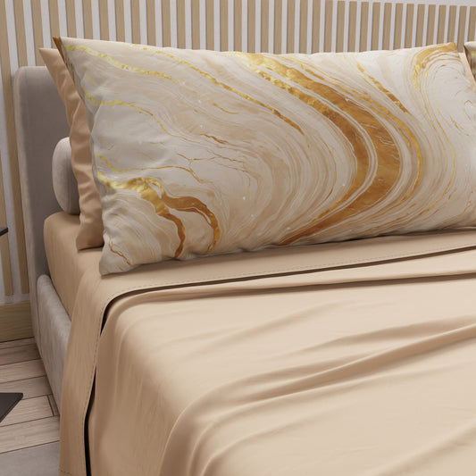 Draps en Coton, Parure de Lit avec Taies d'Oreiller en Impression Digitale Marbre Beige