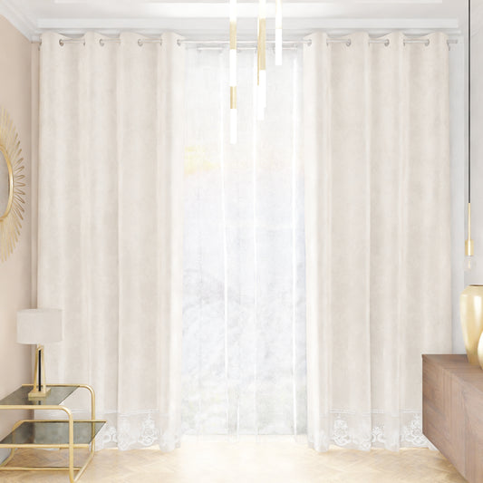 Rideau panneau en velours pour intérieur avec anneaux et dentelle rebrodée, 140x280 cm, Blanc Lait par Sissy