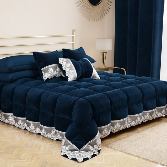 Cuscino Arredo Fiocco in Velluto e Balza con Pizzo Rebrodè 40x50 cm, Cuscino divano Blu By Sissy