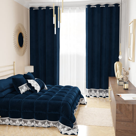 Rideau panneau en velours pour intérieur avec anneaux et dentelle rebrodée, 140x280 cm, bleu par Sissy