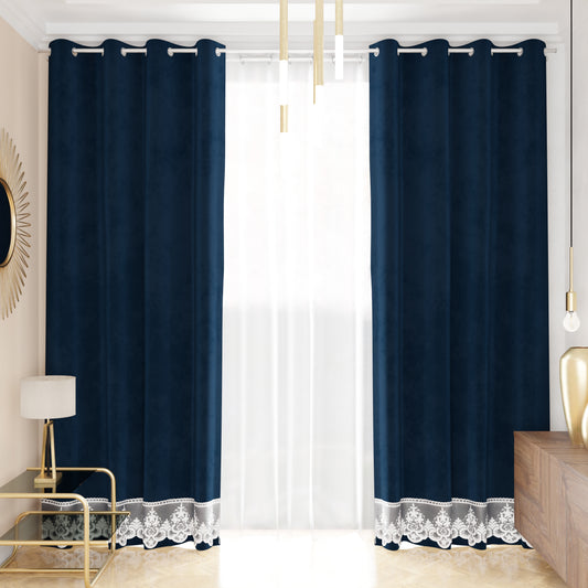 Rideau panneau en velours pour intérieur avec anneaux et dentelle rebrodée, 140x280 cm, bleu par Sissy