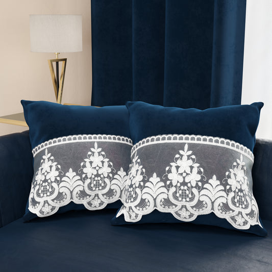 Cuscini Arredo in Velluto e Balza con Pizzo Rebrodè 2pz, Cuscini divano Blu By Sissy
