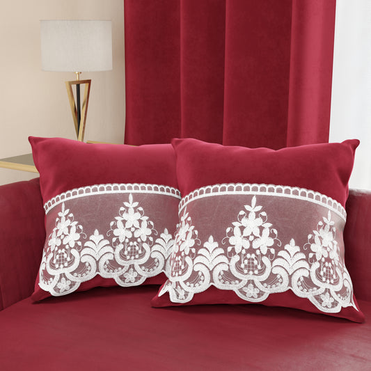 Cuscini Arredo in Velluto e Balza con Pizzo Rebrodè 2pz, Cuscini divano Bordeaux By Sissy