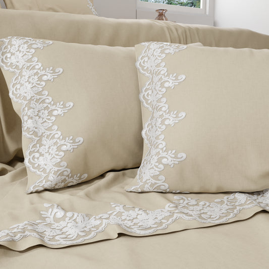 Lenzuola Percalle con Pizzo, Lenzuola Matrimoniali Cotone Beige