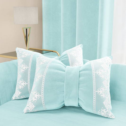 Coussin décoratif nœud en velours avec volant et dentelle rebrodée 40x50 cm, coussin de canapé ciel par Sissy