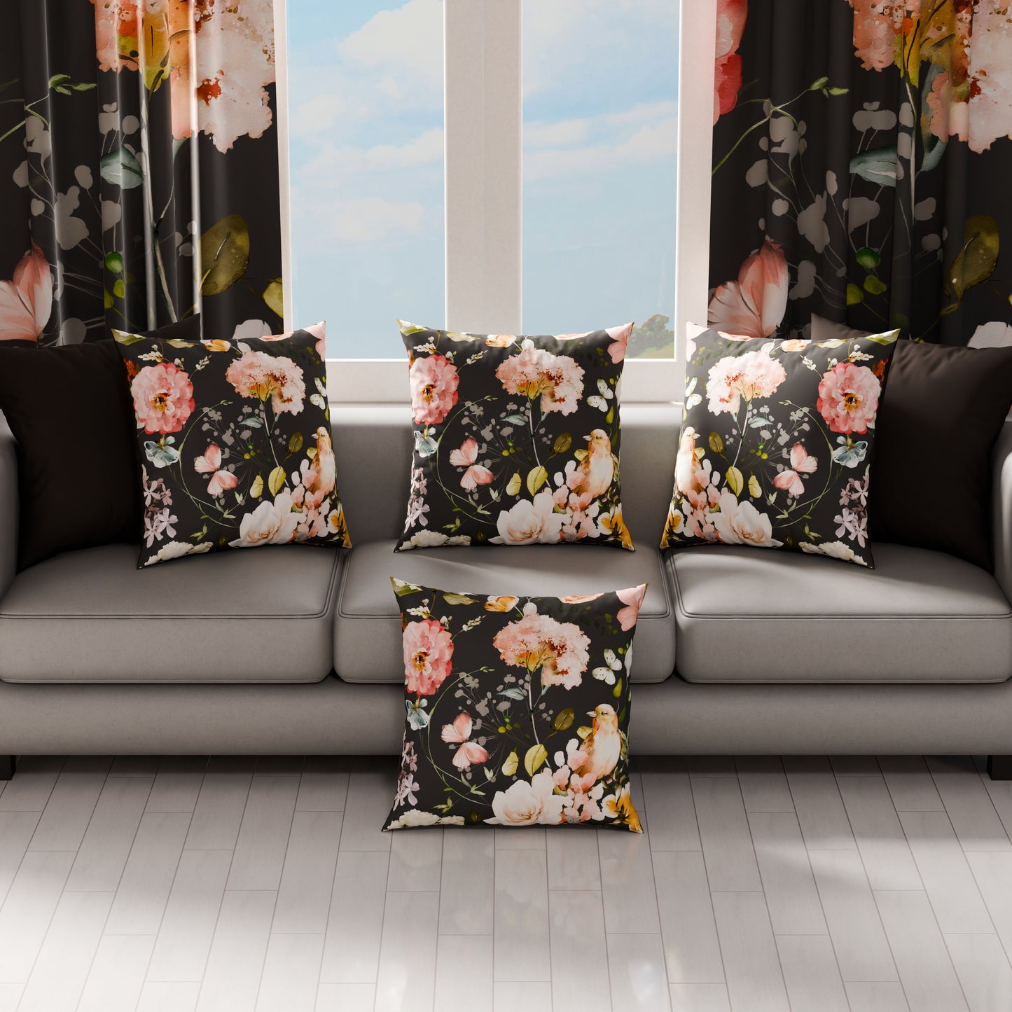 Cuscini, Copricuscini Divano, Cuscini Arredo in Stampa Digitale Floreale 06 Nero