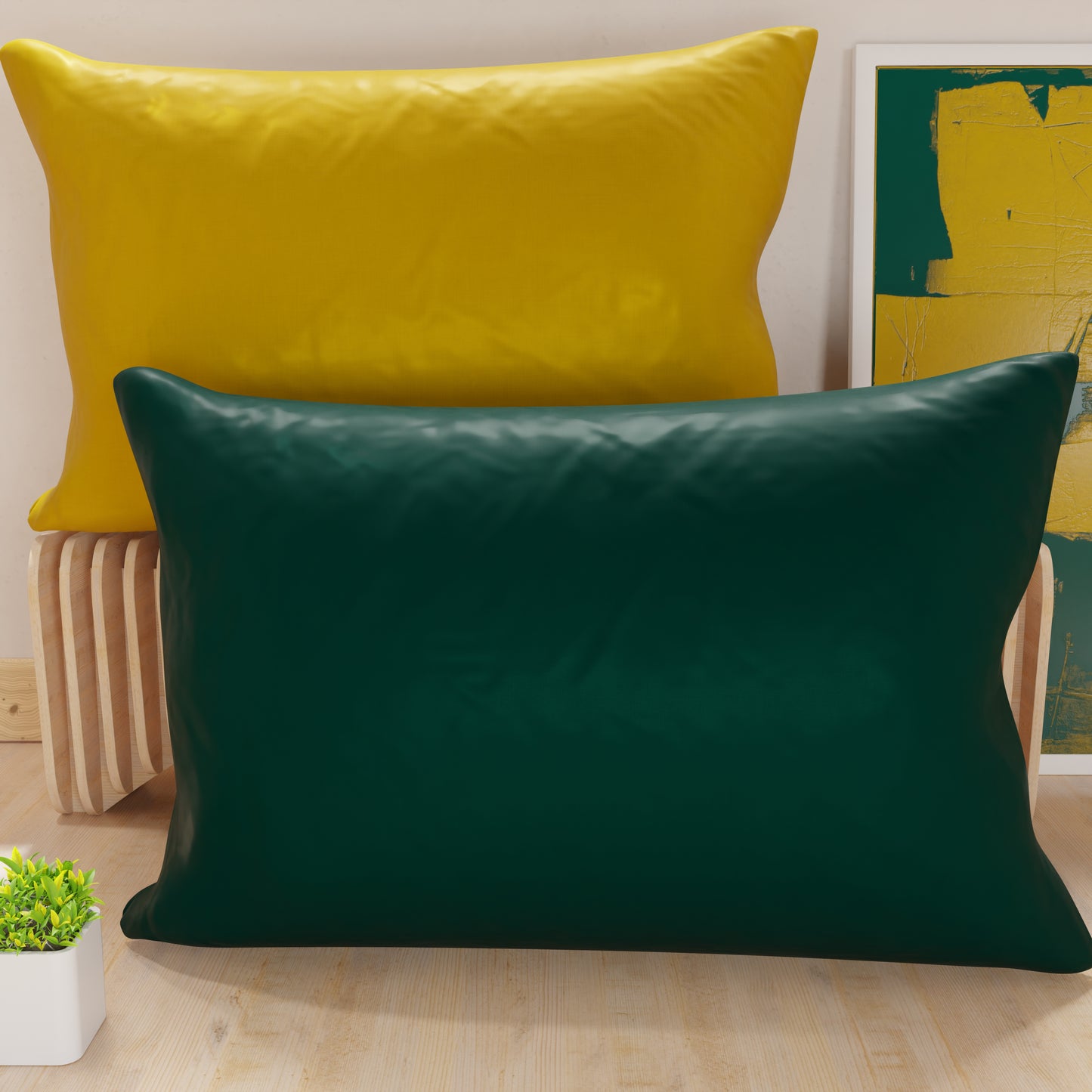 Federe, Coppia Federe, Copricuscini, 100% Microfibra Anallergica, Verde Smeraldo/Giallo Ocra