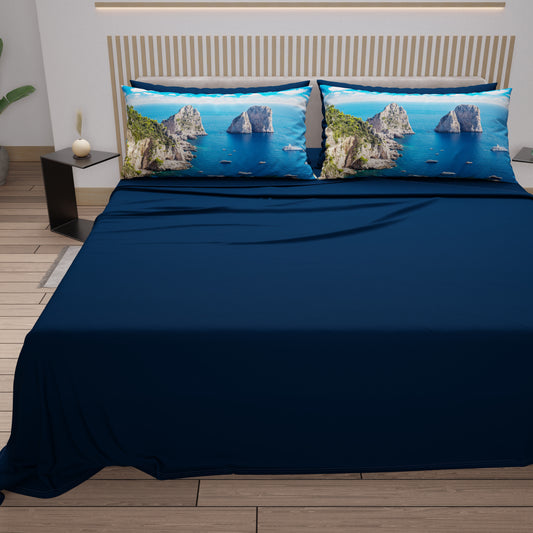 Lenzuola in Cotone, Completo Letto con Federe in Stampa Digitale, Capri
