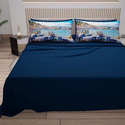 Lenzuola in Cotone, Completo Letto con Federe in Stampa Digitale, Gythio - Grecia