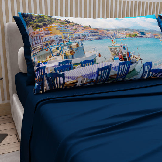 Lenzuola in Cotone, Completo Letto con Federe in Stampa Digitale, Gythio - Grecia