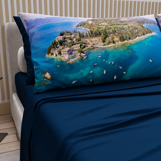 Lenzuola in Cotone, Completo Letto con Federe in Stampa Digitale, Lago di Garda