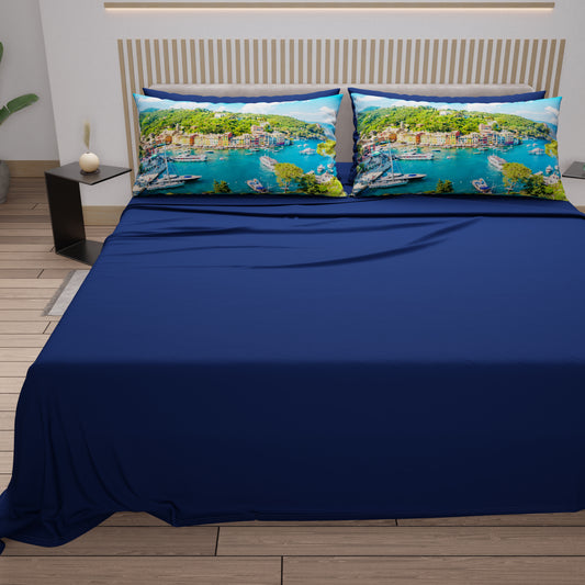 Lenzuola in Cotone, Completo Letto con Federe in Stampa Digitale, Portofino