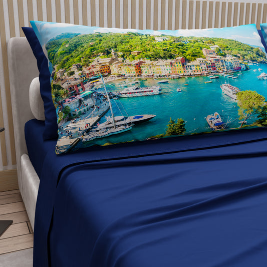 Lenzuola in Cotone, Completo Letto con Federe in Stampa Digitale, Portofino