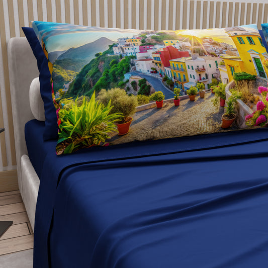 Draps en Coton, Parure de Lit avec Taies d'Oreiller en Impression Digitale, Sant'Angelo - Ischia