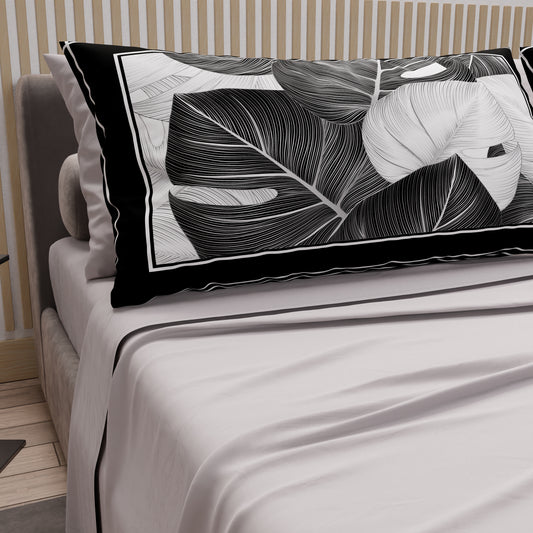 Lenzuola in Cotone, Completo Letto con Federe in Stampa Digitale Tropical Nero-Argento
