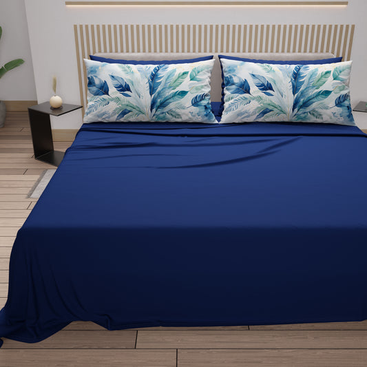 Draps en coton, Parure de lit avec taies d'oreiller en impression numérique Palmwater Bleu