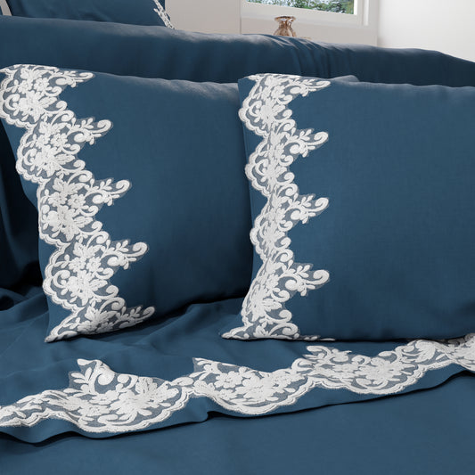 Lenzuola Percalle con Pizzo, Lenzuola Matrimoniali Cotone Blu Marino