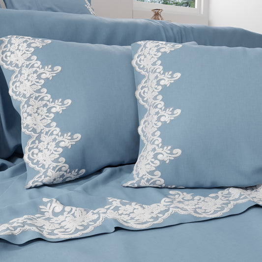 Lenzuola Matrimoniali Cotone Percalle con Pizzo Azzurro