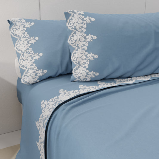 Lenzuola Matrimoniali Cotone Percalle con Pizzo Azzurro
