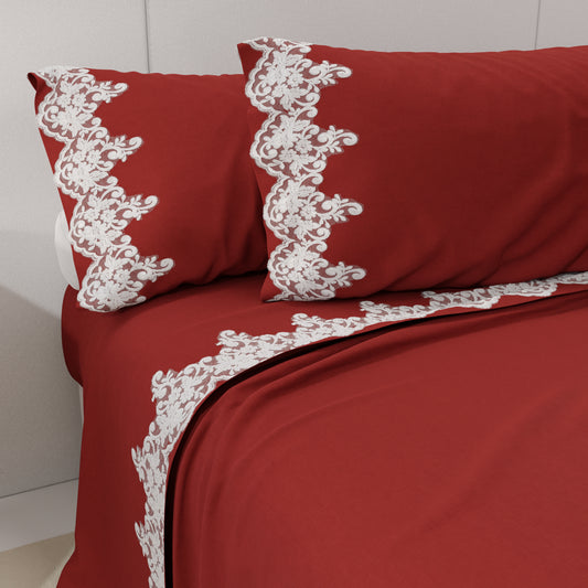 Lenzuola Percalle con Pizzo, Lenzuola Matrimoniali Cotone Bordeaux