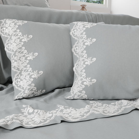 Lenzuola Percalle con Pizzo, Lenzuola Matrimoniali Cotone Grigio