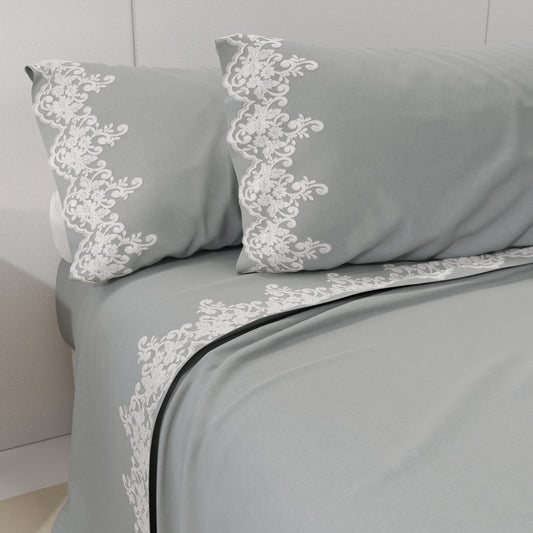 Lenzuola Percalle con Pizzo, Lenzuola Matrimoniali Cotone Grigio