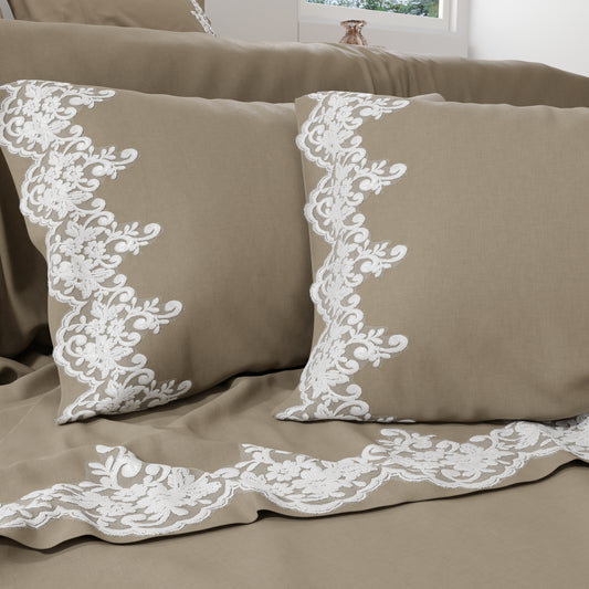 Lenzuola Percalle con Pizzo, Lenzuola Matrimoniali Cotone Tortora