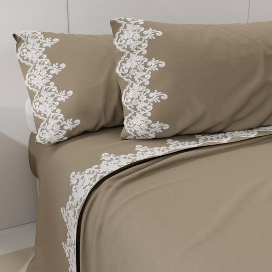 Lenzuola Percalle con Pizzo, Lenzuola Matrimoniali Cotone Tortora
