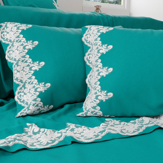 Lenzuola Percalle con Pizzo, Lenzuola Matrimoniali Cotone Ottanio