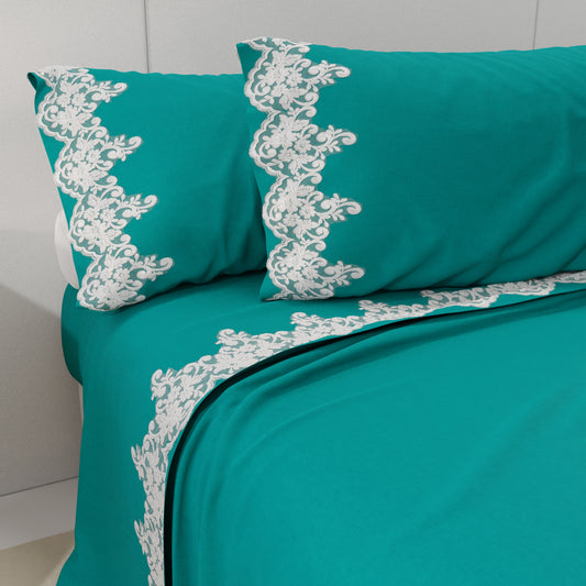 Lenzuola Percalle con Pizzo, Lenzuola Matrimoniali Cotone Ottanio