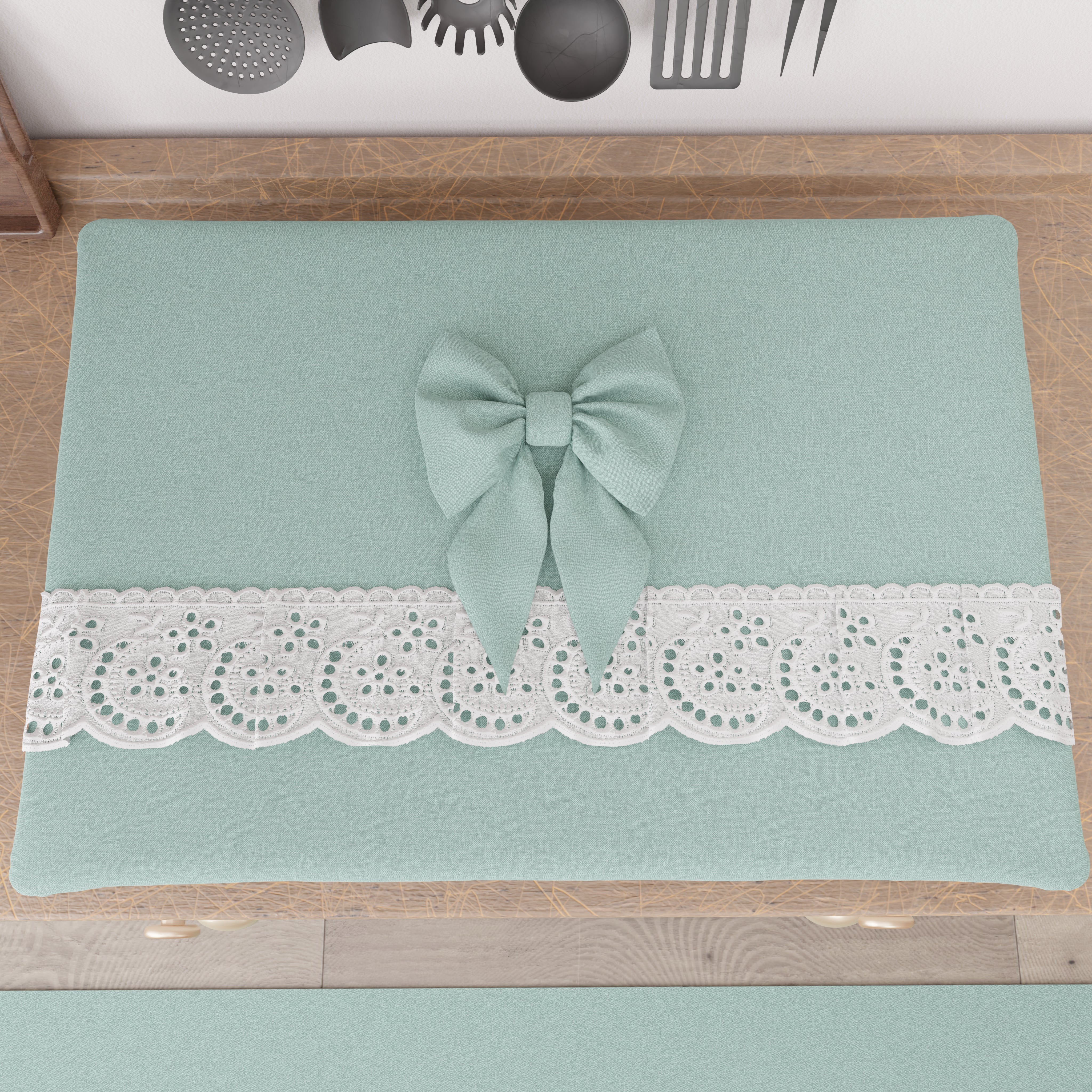 Copriforno Elegante Shabby Chic con Pizzo e Fiocchi Verde Acqua