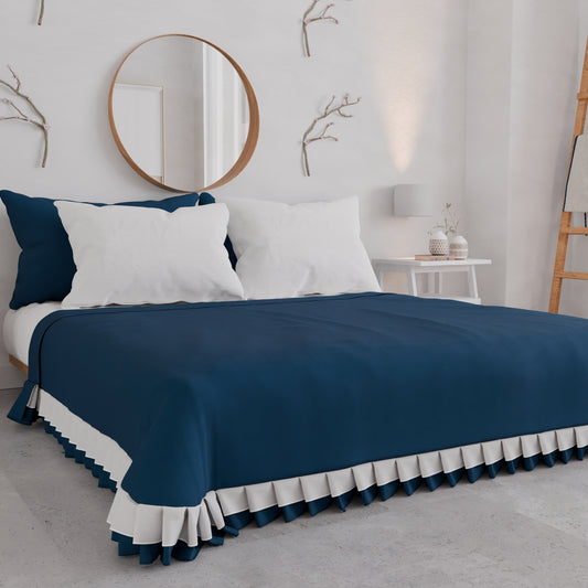 Boutis d'Été pour Lit Double, Boutis avec Double Volant, Bleu Nuit