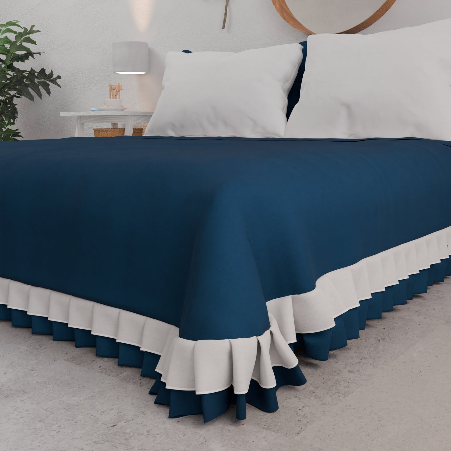 Copriletto Matrimoniale Estivo, Copriletto con Doppio Volant, Blu Notte