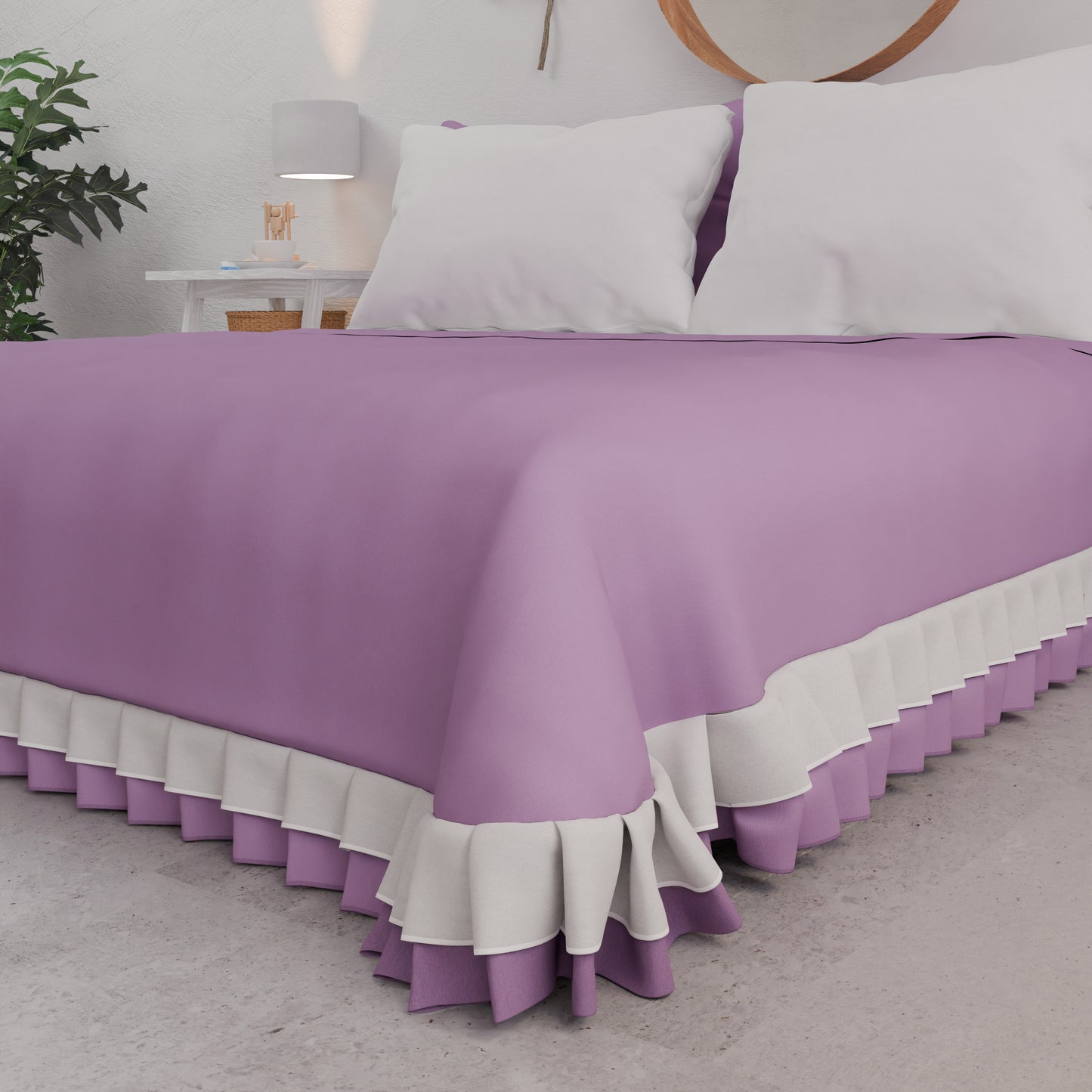 Copriletto Matrimoniale Estivo, Copriletto con Doppio Volant, Lilla