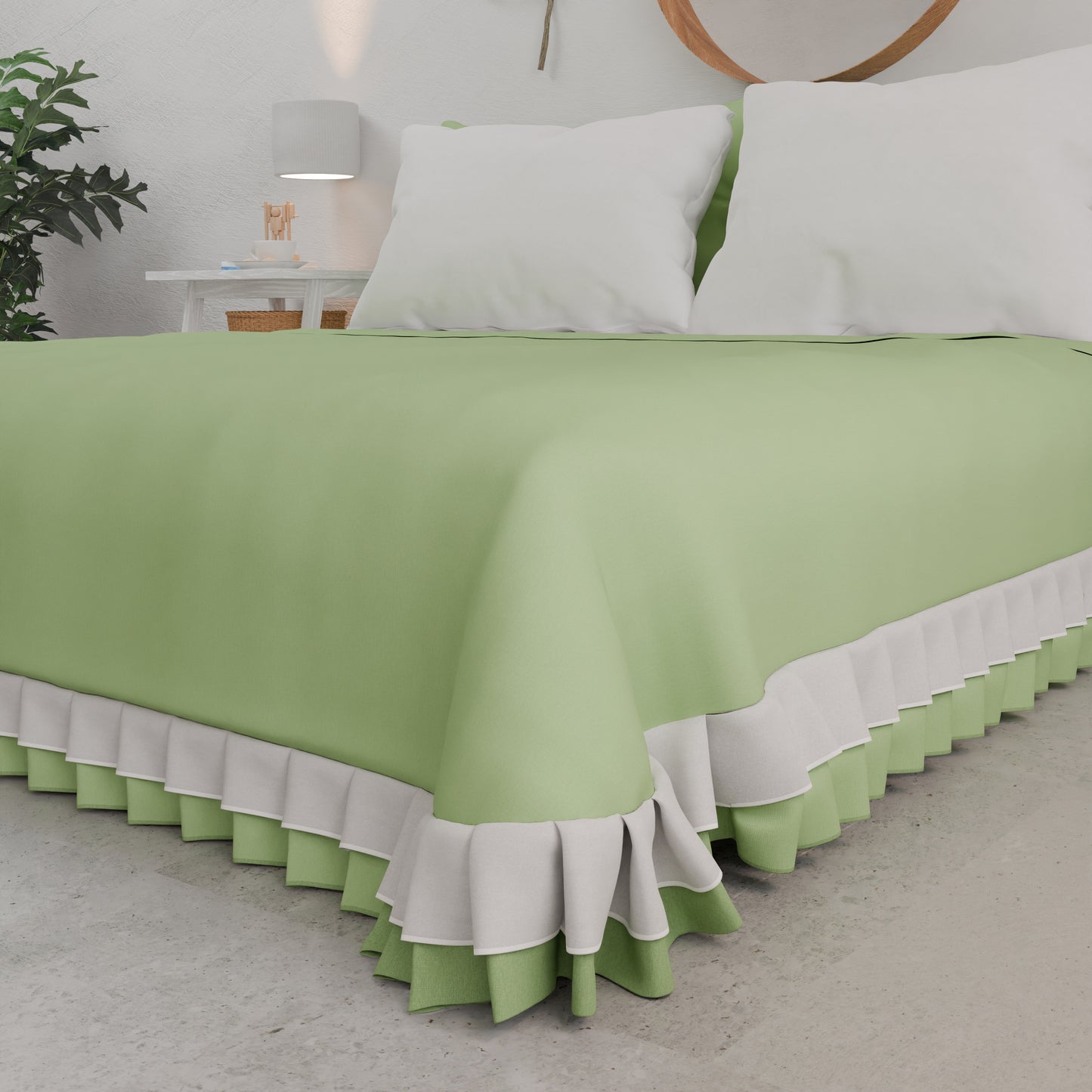 Copriletto Matrimoniale Estivo, Copriletto con Doppio Volant, Salvia