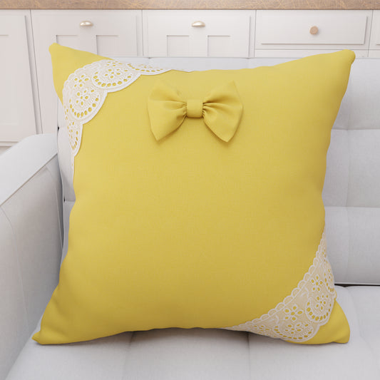 Coussin Décoratif Shabby Chic avec Dentelle et Noeuds Jaune