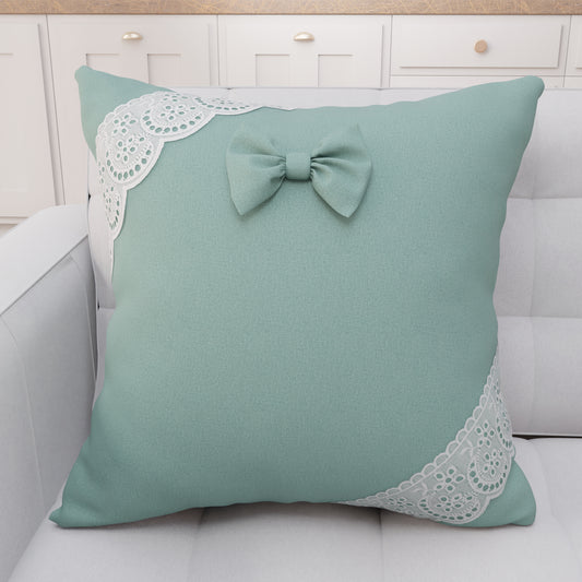 Coussin Décoratif Shabby Chic avec Dentelle et Noeuds Vert d'Eau