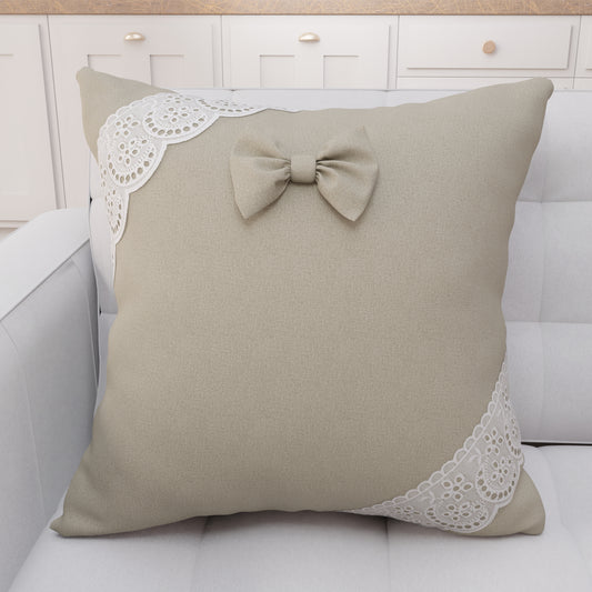 Coussin Décoratif Shabby Chic avec Dentelle et Noeuds Beige