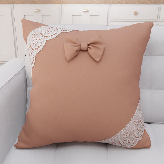 Coussin Décoratif Shabby Chic avec Dentelle et Noeuds Poudre