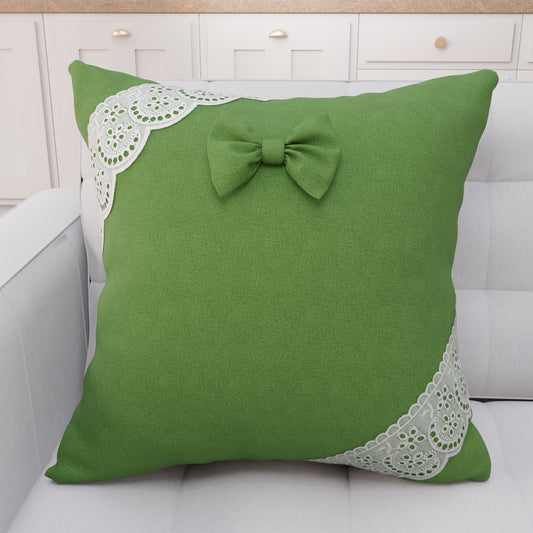 Coussin Décoratif Shabby Chic avec Dentelle et Noeuds Vert